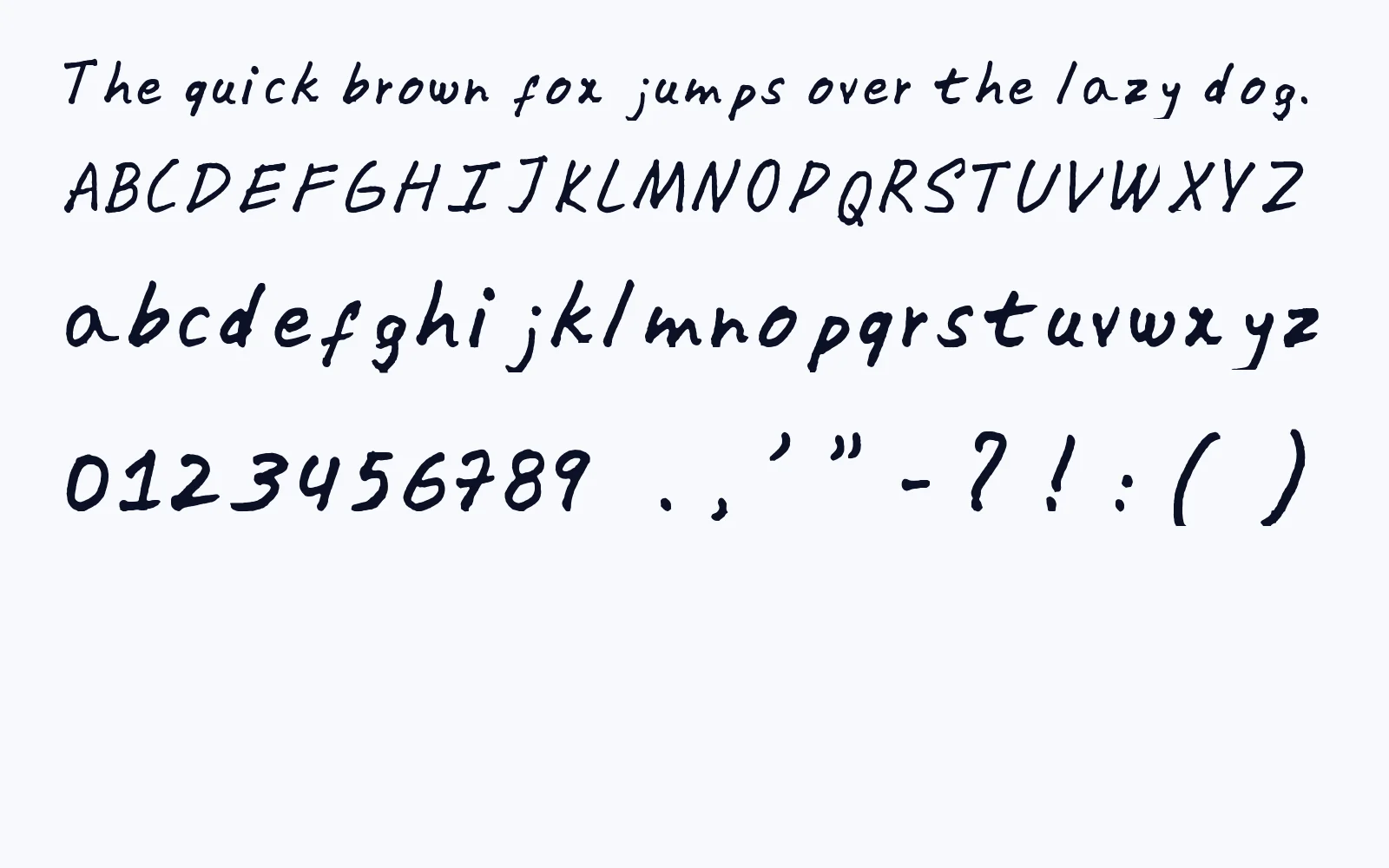A specimen of the finished handwriting font: the sentence The quick brown fox jumps over the lazy dog, then the capital alphabet, the lowercase alphabet, the digits and punctuation, all set in the font made from the sheet above