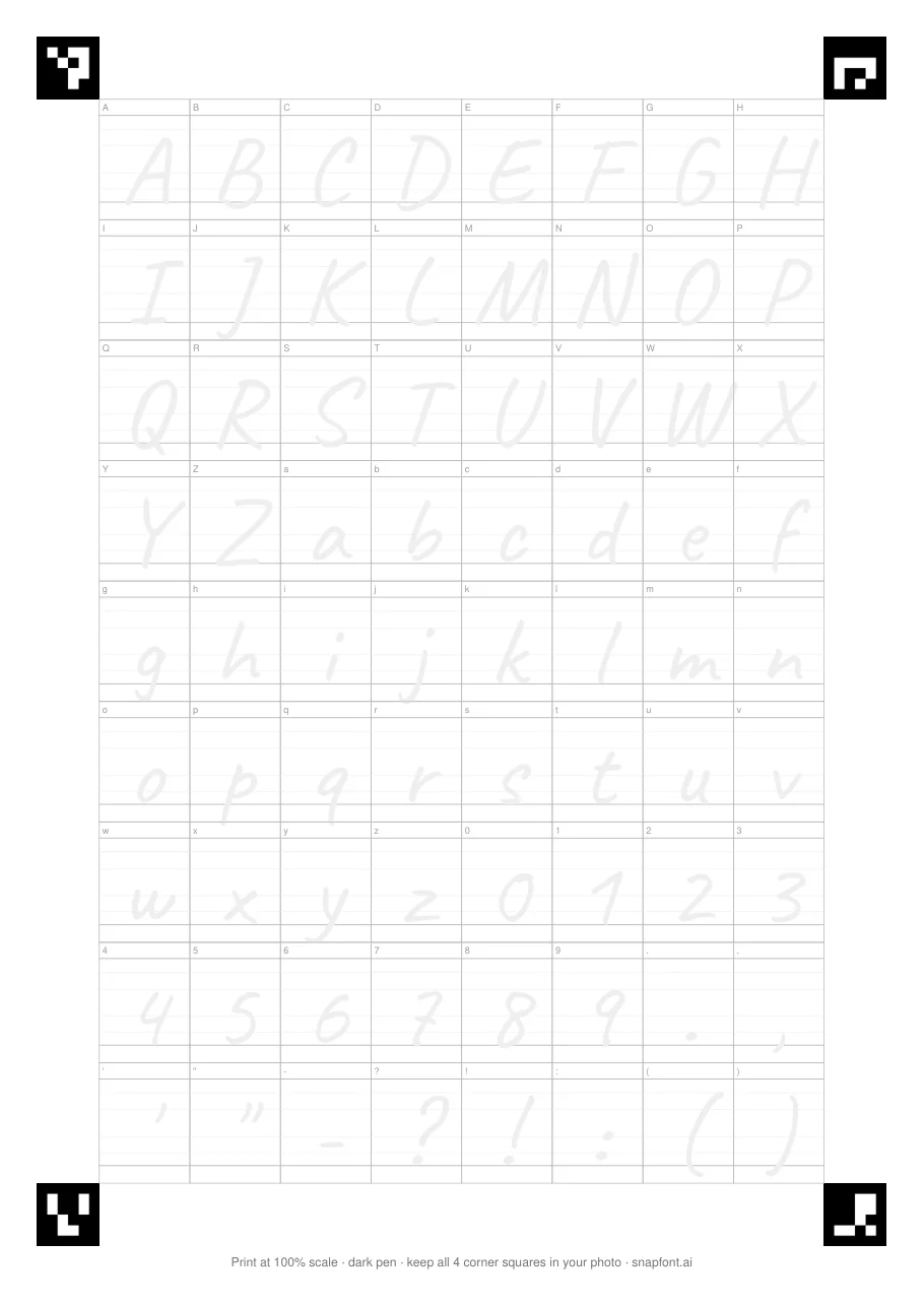Preview of the SnapFont template: a grid of 72 boxes with faint capital letters, lowercase letters, digits, and punctuation to write over, with a square marker in each corner